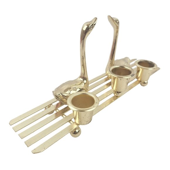 Vintage Christmas Around The World Swans Brass 3 Candle Stick Holder Home Decor - Picture 2 of 9